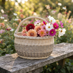 Willow harvest basket with handle filled with freshly cut dahlias and cosmos on a weathered garden bench in a flower field.