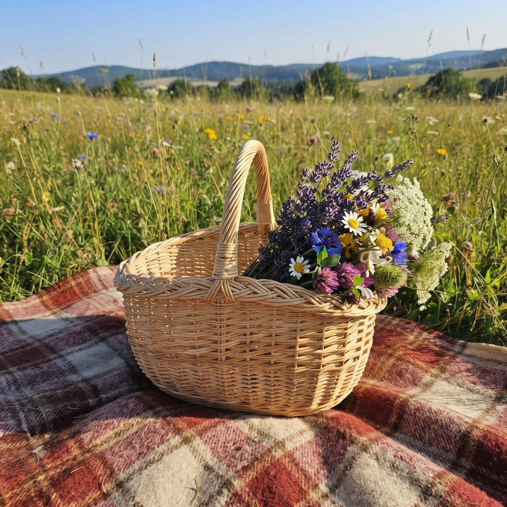 Maža pintinė su lauko gėlių puokšte ant languoto pledo vasaros pievoje