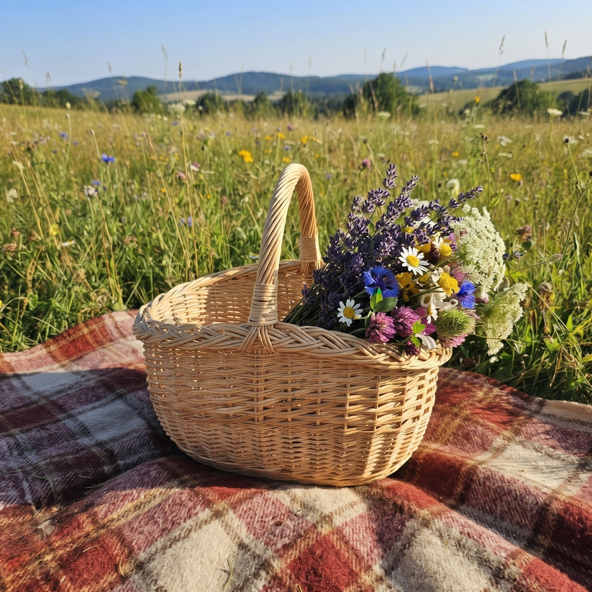 Maža pintinė su lauko gėlių puokšte ant languoto pledo vasaros pievoje