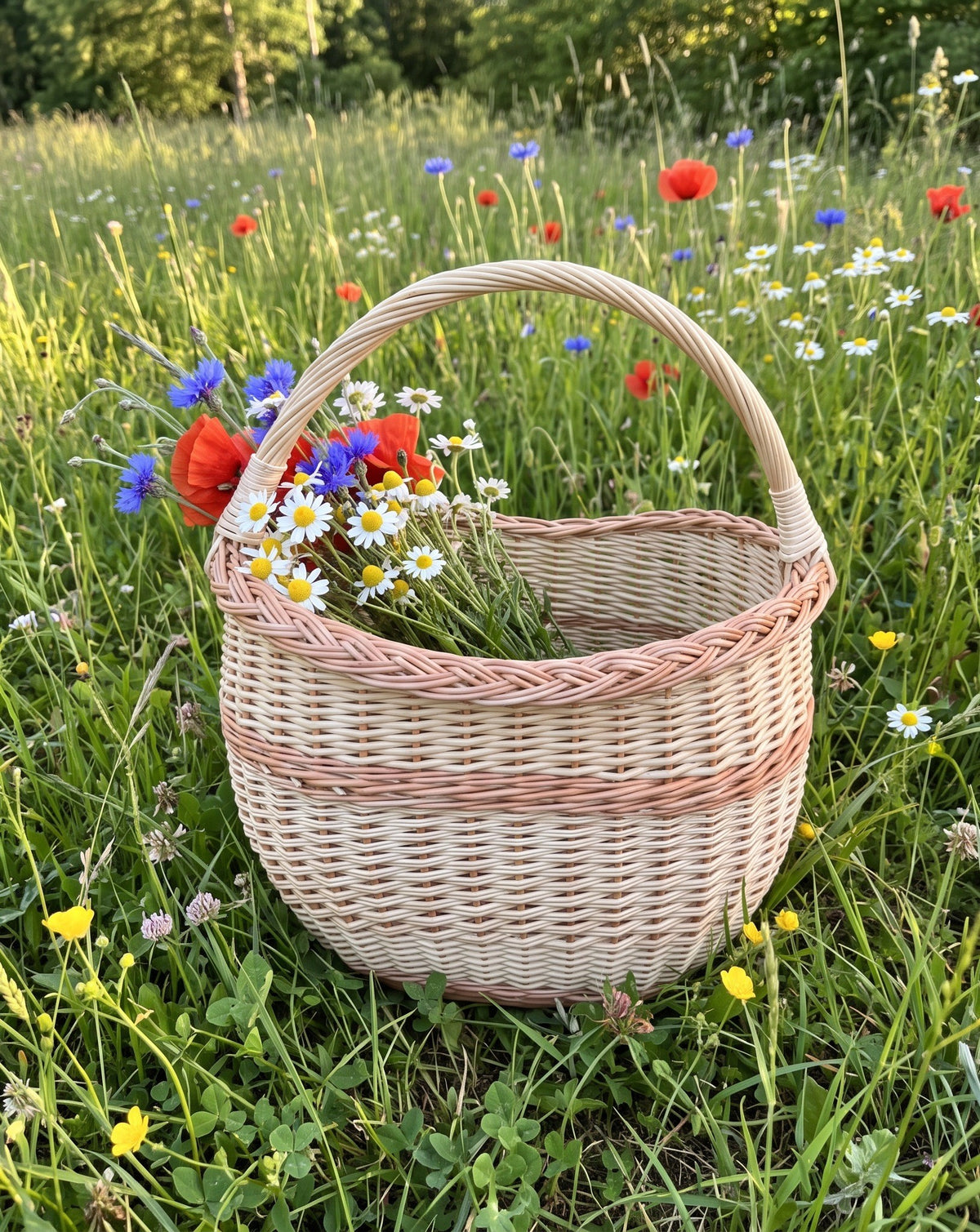 Ovali pintinė su aukšta rankena, joje rugiagėlių, aguonų ir ramunių puokštė, vasaros pievoje