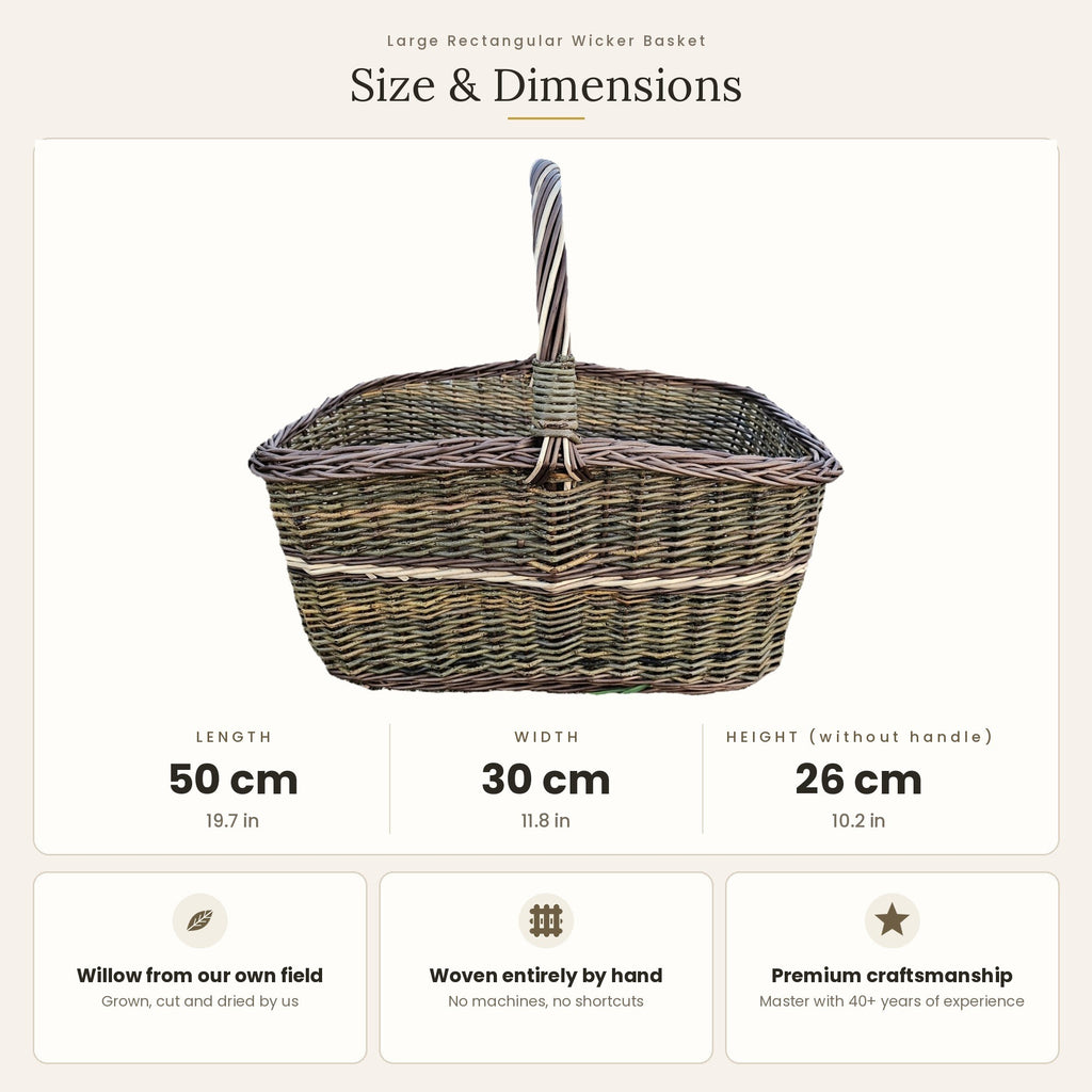Size chart for the large rectangular wicker firewood basket showing 50 cm length, 30 cm width and 26 cm height without handle