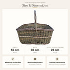 Size chart for the large rectangular wicker firewood basket showing 50 cm length, 30 cm width and 26 cm height without handle