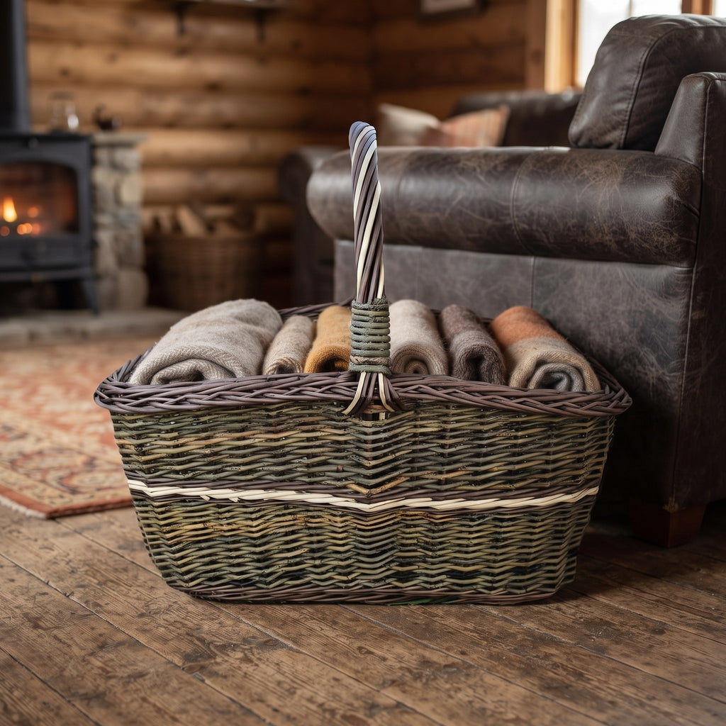 Large willow log basket with handle holding rolled wool blankets beside a leather armchair and wood stove in a log cabin