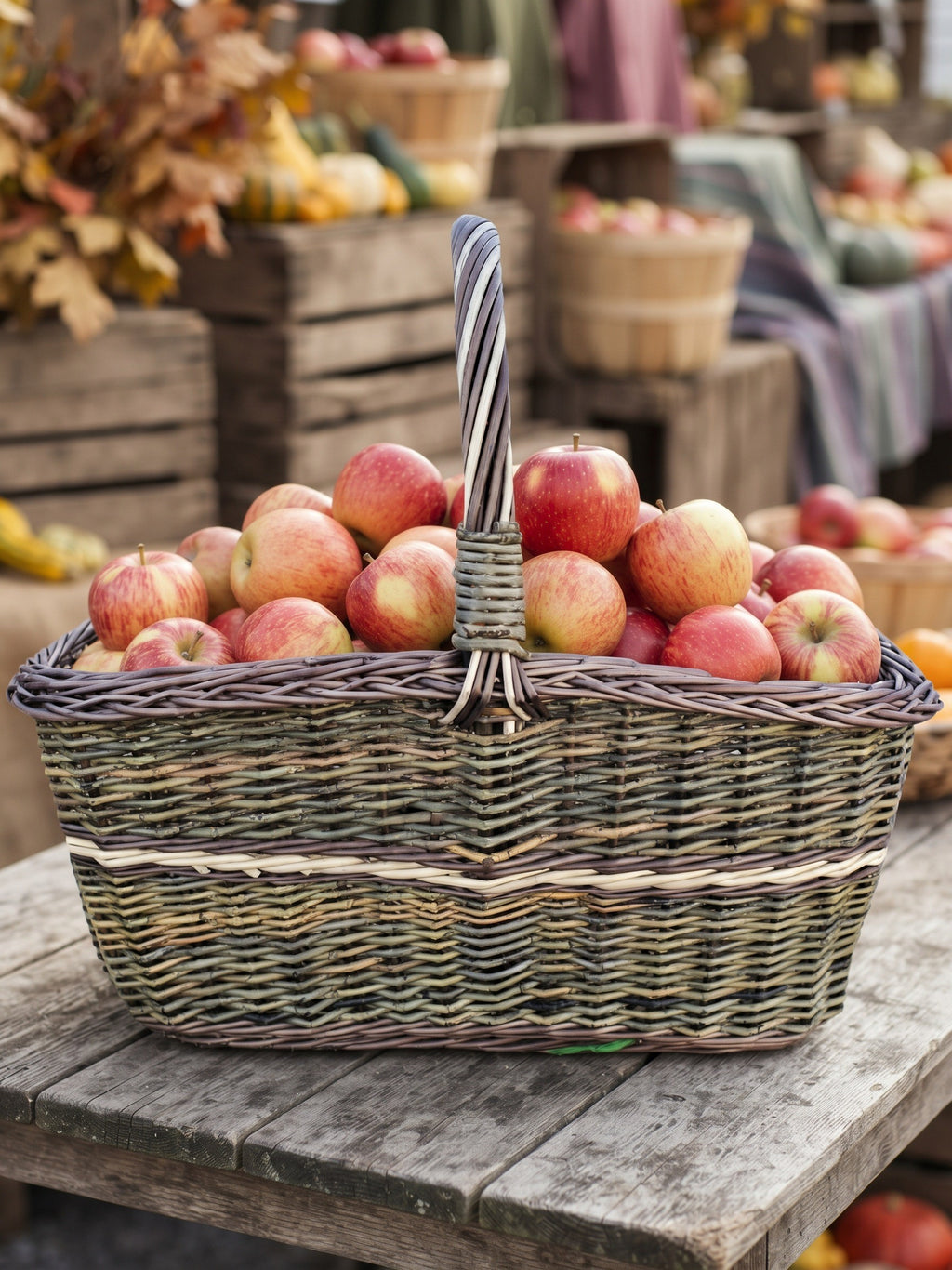 Large wicker market carrier with twisted handle heaped with red apples on a rustic table at an autumn farmers market