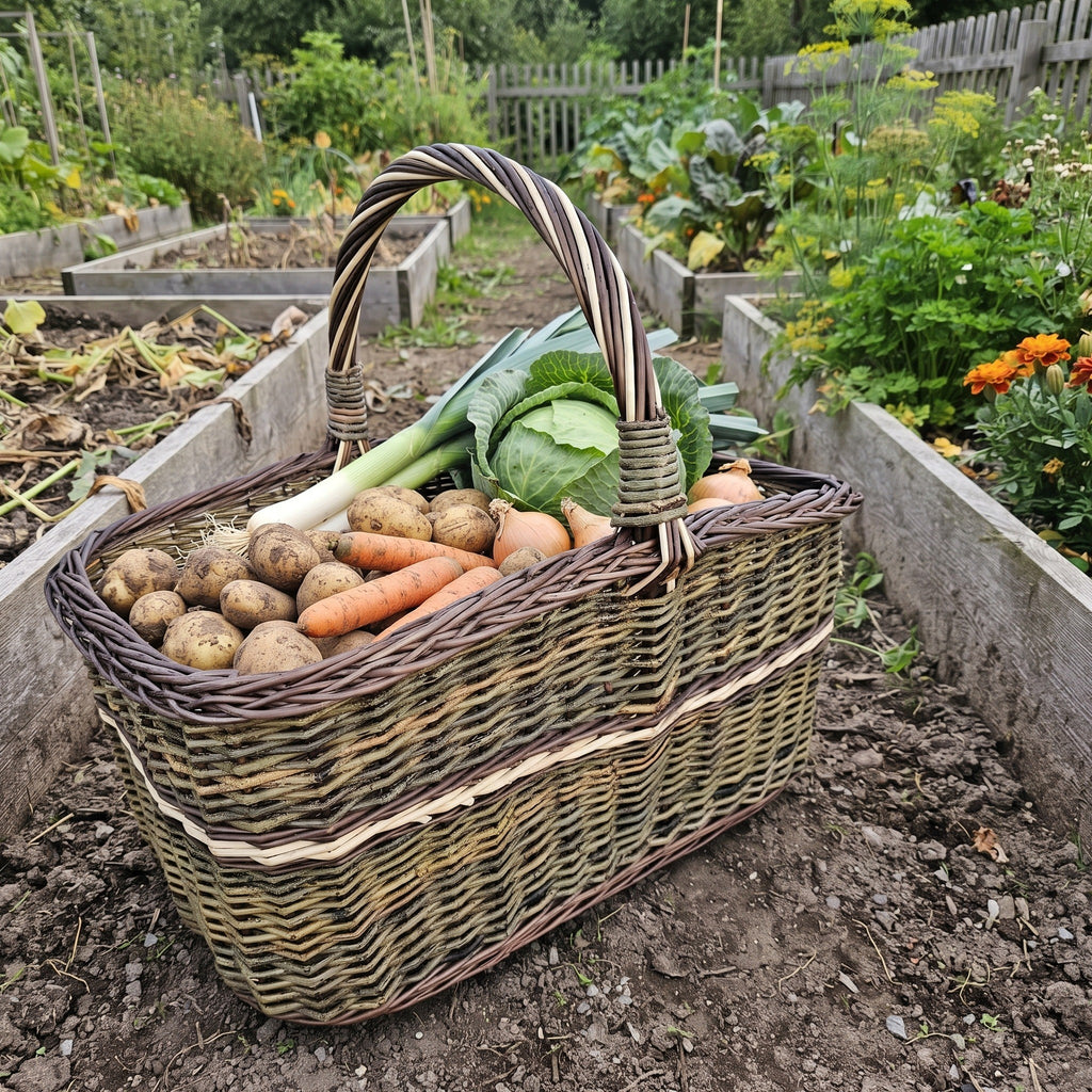 Large wicker harvest basket with handle full of potatoes, carrots, leeks and cabbage between raised vegetable beds