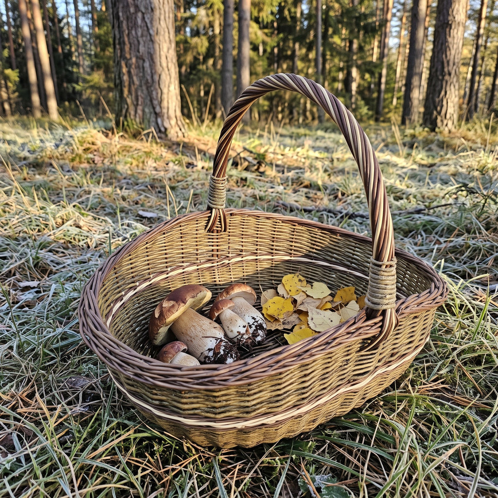 Large oval willow harvest basket with a twisted handle holding porcini mushrooms and autumn leaves on frosty grass in a pine forest