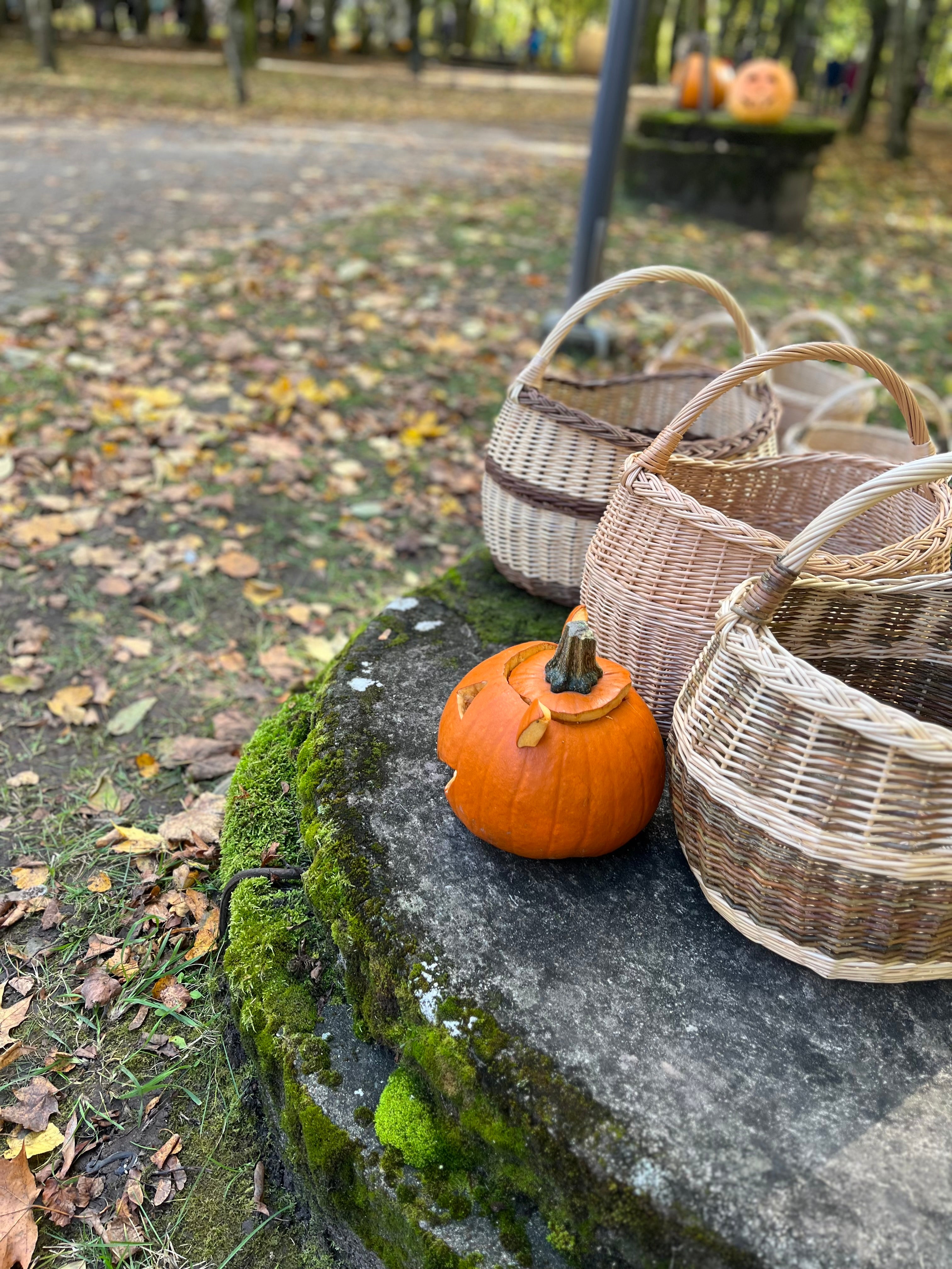 Three wicker baskets and a small pumpkin on a stone surface with autumn leaves in the background.
