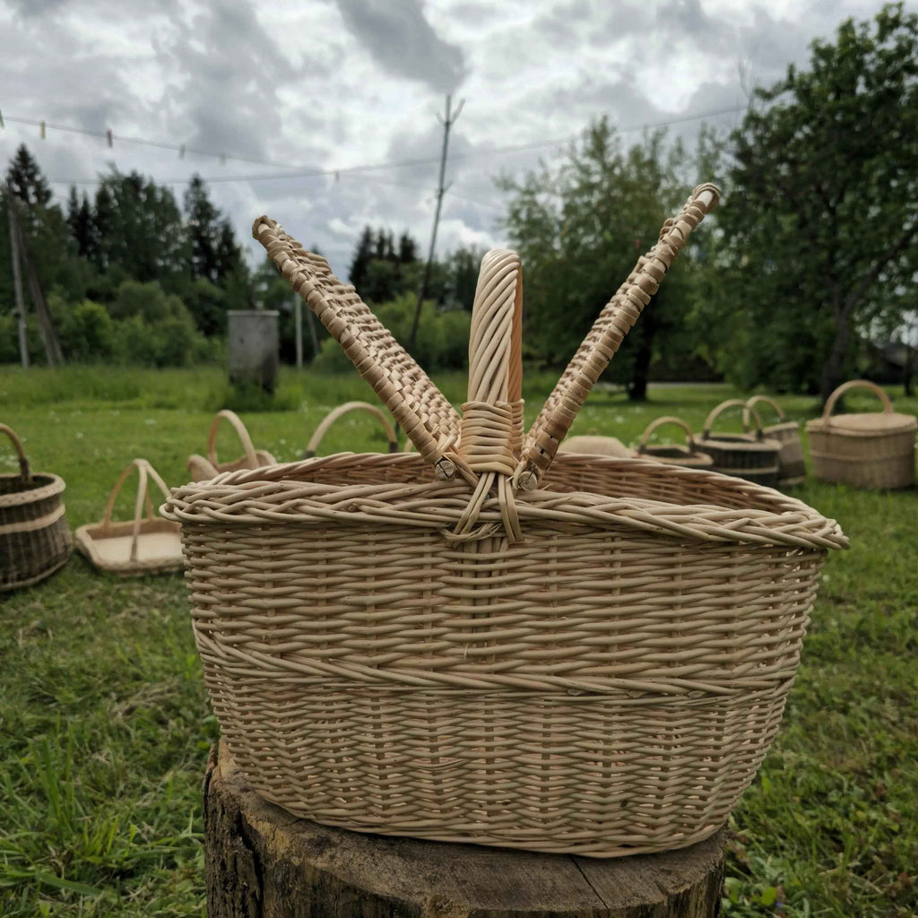 Pikniko pintinė su pinta rankena ir dviem dangčiais ant kelmo pievoje, už jos kitos pintinės