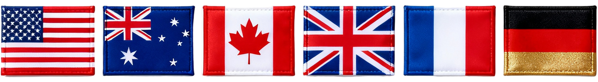 Row of flags from various countries including the United States, Australia, Canada, United Kingdom, France, and Germany.