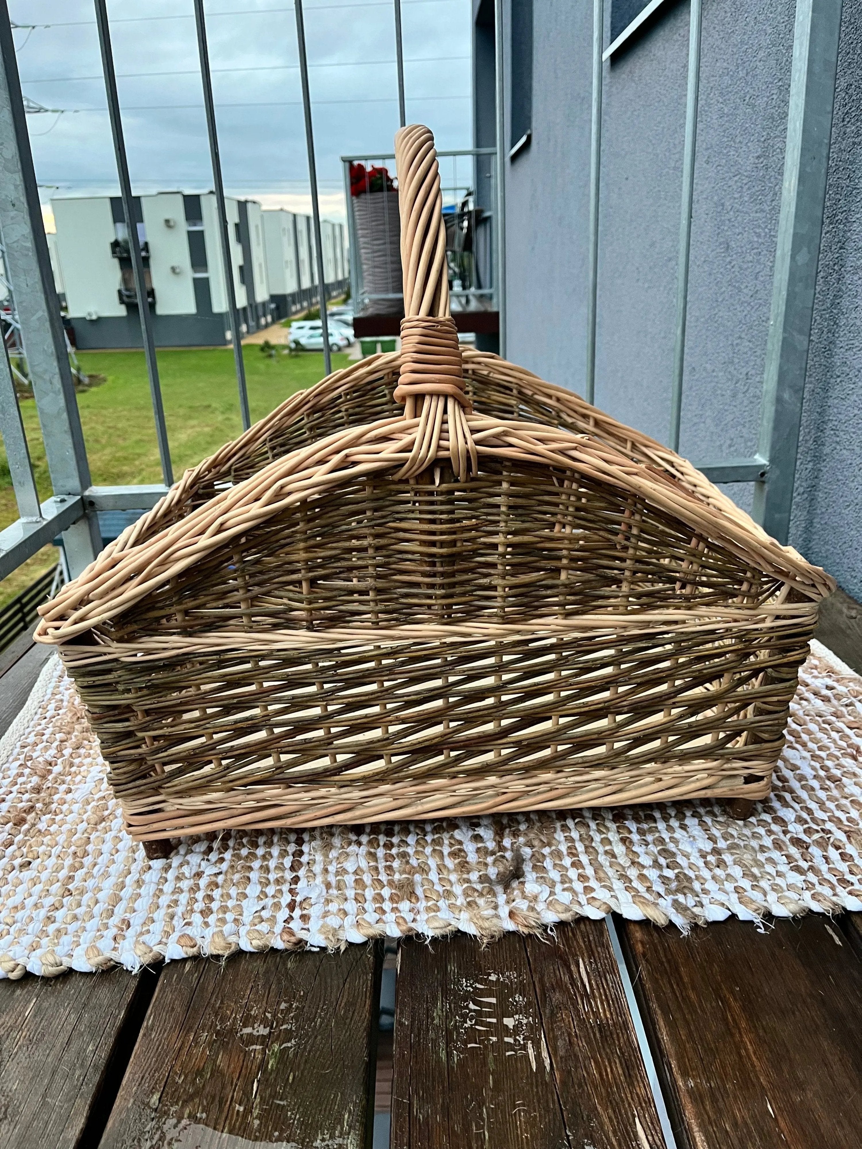 Large Rustic Wicker Firewood Basket with Handle - NaturelyWoven