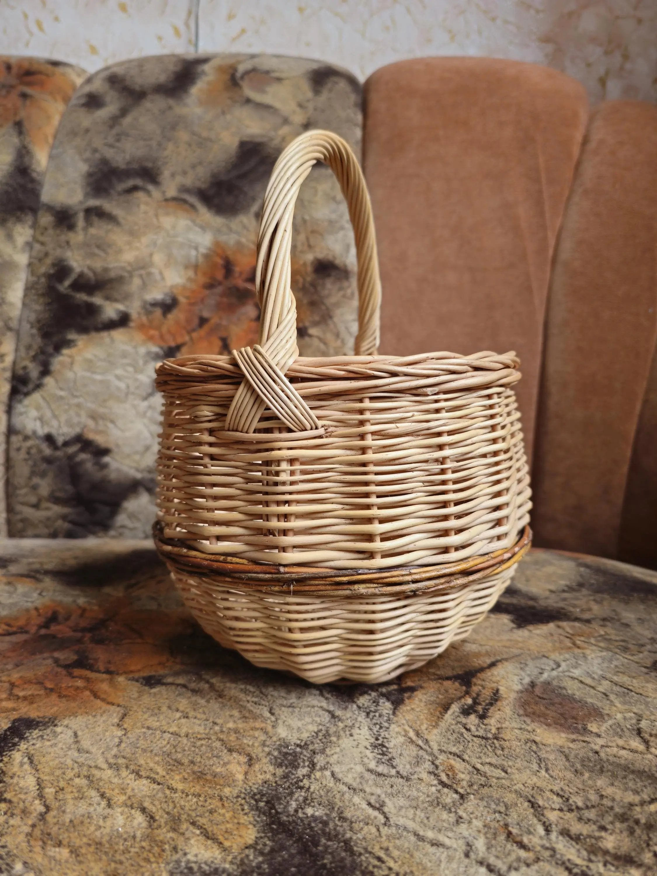 Rustic Round Wicker Garden Produce Basket with Handle - NaturelyWoven