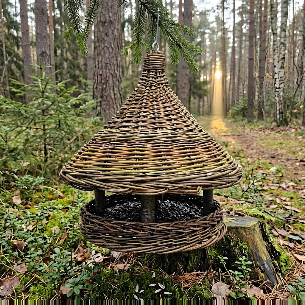 Vytelių lesykla ant kelmo pušyne, ant padėklo pripilta sėklų