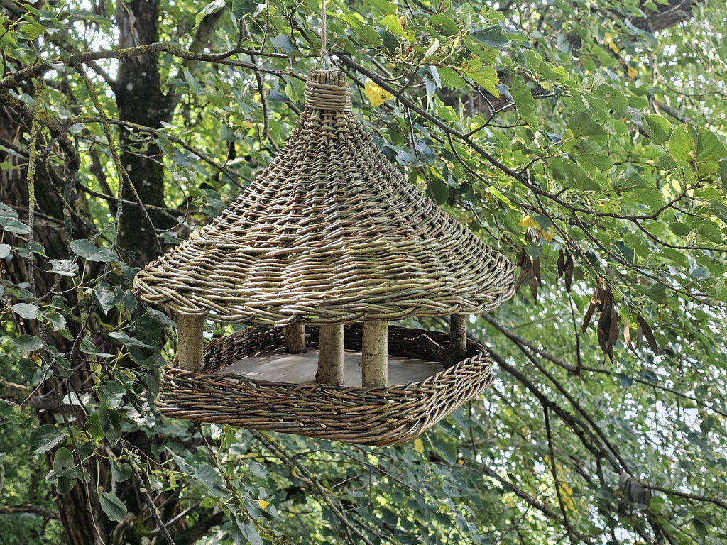 Vytelių lesykla su kūgio formos stogeliu kabo tarp žalių šakų sode