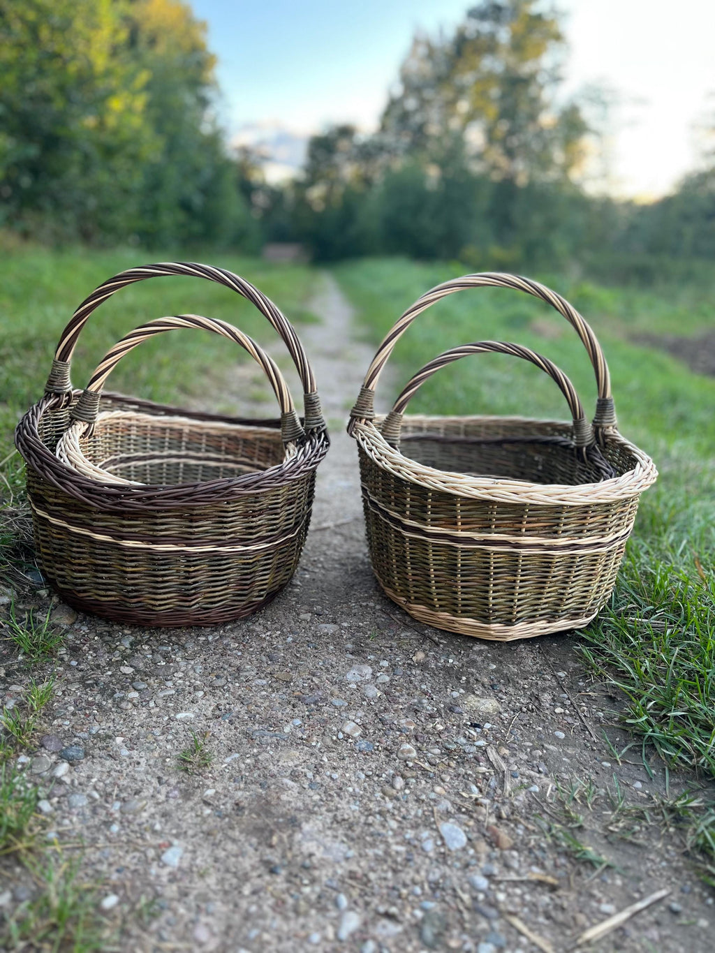 Du pintinių komplektai su susuktomis rankenomis ant žvyro tako tarp žalių laukų