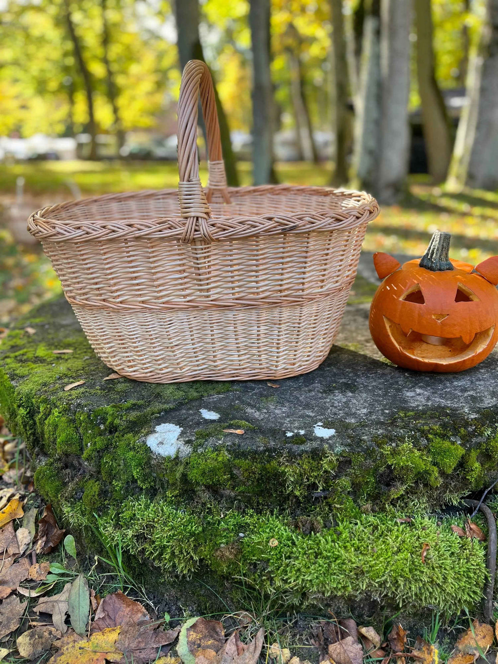 Didelė pikniko pintinė su rankena, Auksinė / rausva — rankų darbo daiktų pintinė