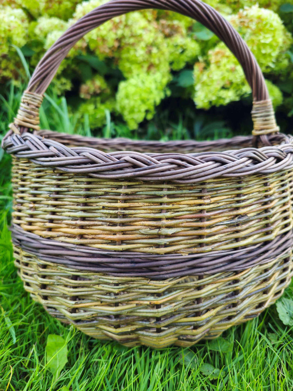 Sodo pintinė su pinta rankena, Nežievinta / ruda — rankų darbo vytelių pintinė