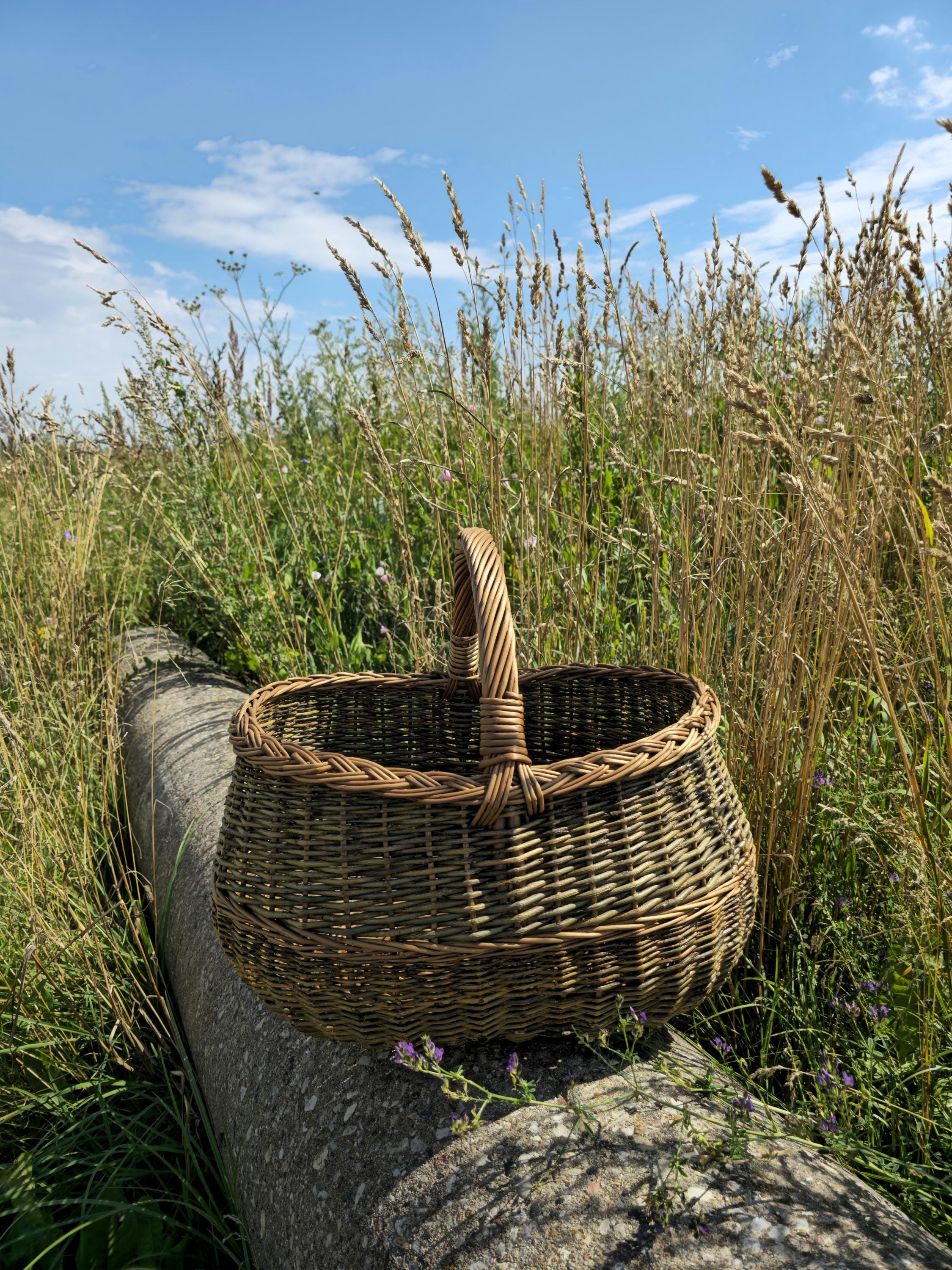 Apvali derliaus pintinė su pintu apvadu — vytelių pintinė, 17 nuotrauka