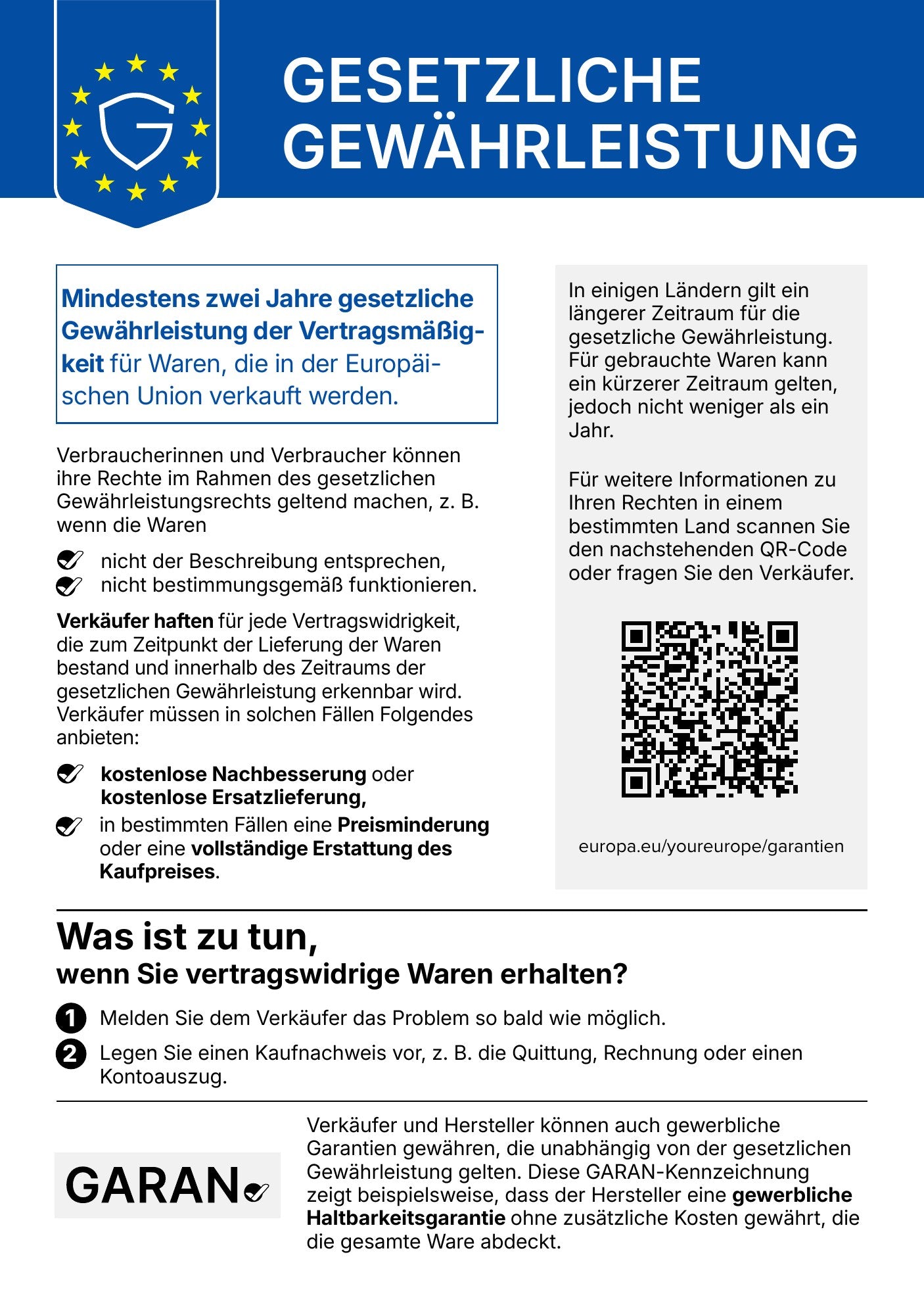Gesetzliche Gewährleistung – mindestens zwei Jahre für Waren, die in der Europäischen Union verkauft werden