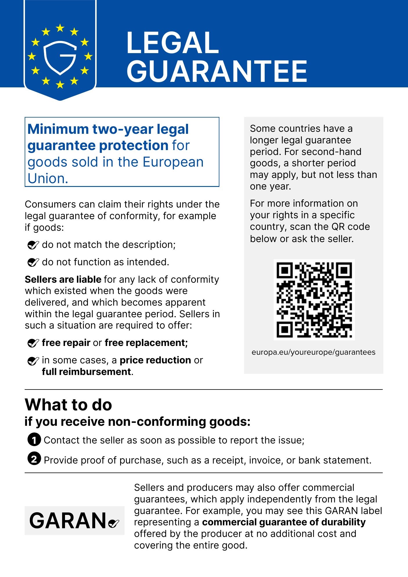 Legal guarantee – minimum two years for goods sold in the European Union